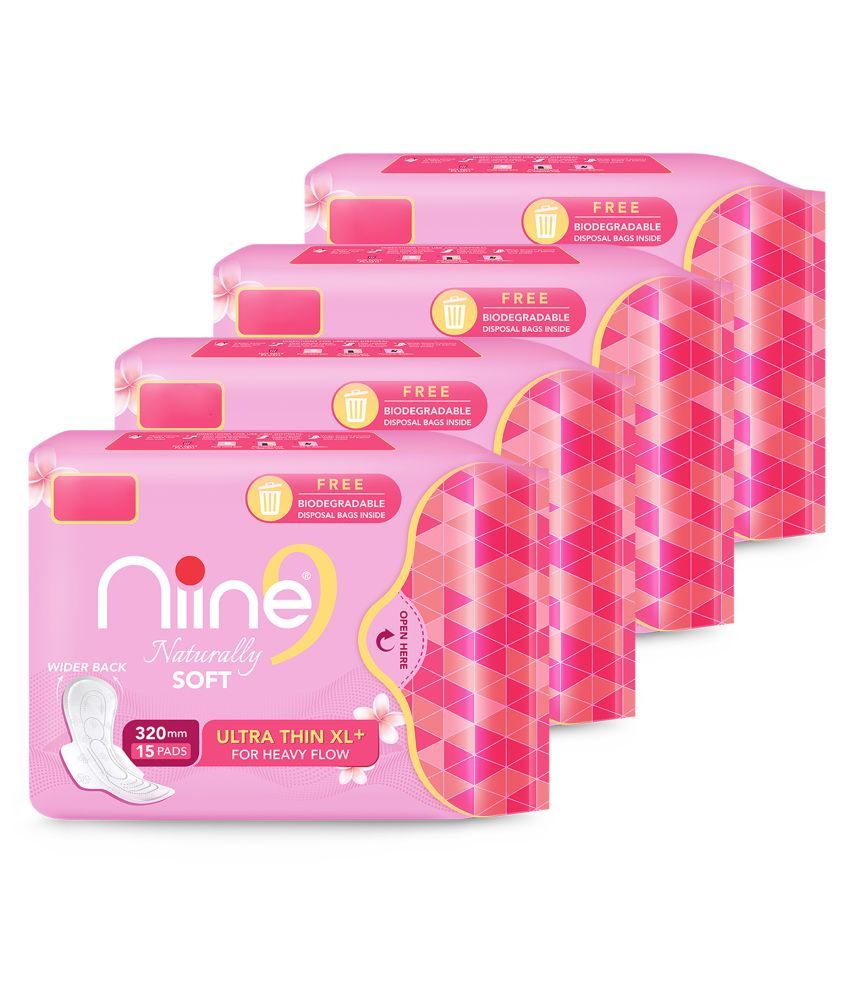     			Niine Naturally Soft Ultra Thin XL+ Sanitary Napkins for Heavy Flow (Pack of 4) 60 Pads with Free Biodegradable Disposal Bags