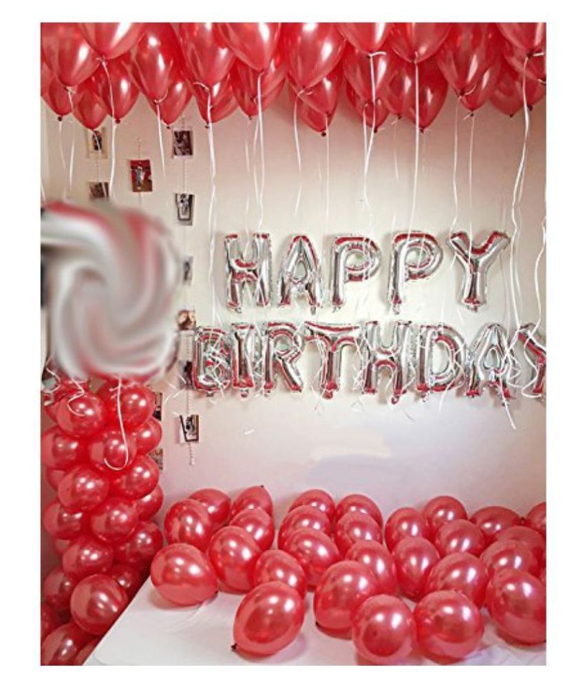     			GNGS Happy Birthday Letter Foil Balloon 13 Letter Set (Silver) + Pack of 30 Pcs Red Balloons