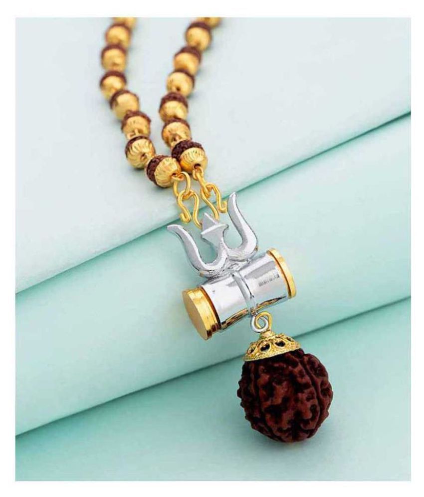     			Green Spiritual Lord Shiva Trishula Damaru Locket With Puchmukhi Rudraksha Mala Duble Color Combination Brass Chain