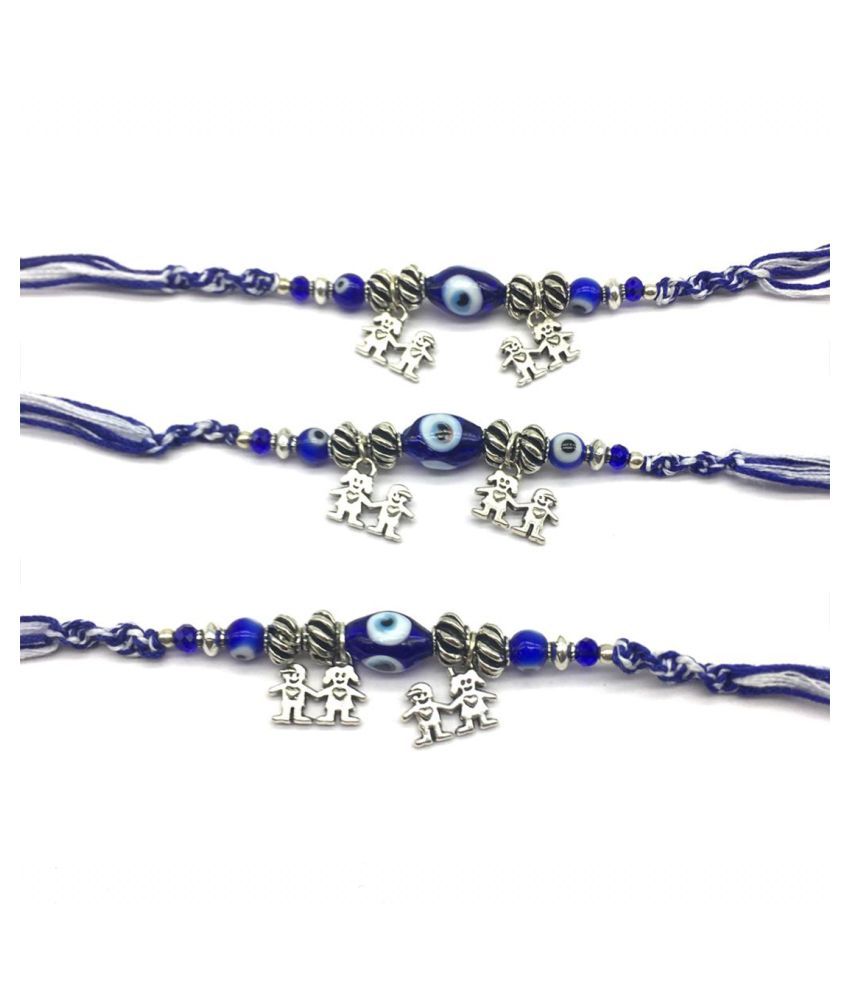 Blue Evil Eye Rakhi Set For Men Silver Beads Brother & Sister Pendant