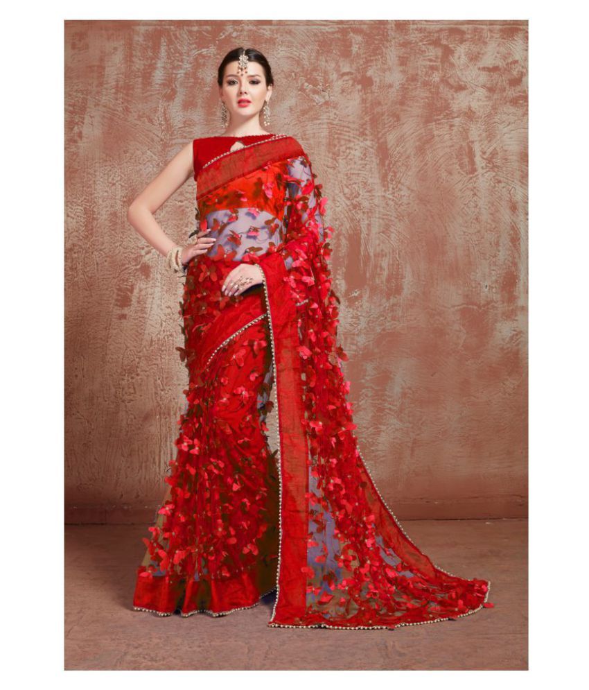 red net saree with golden blouse