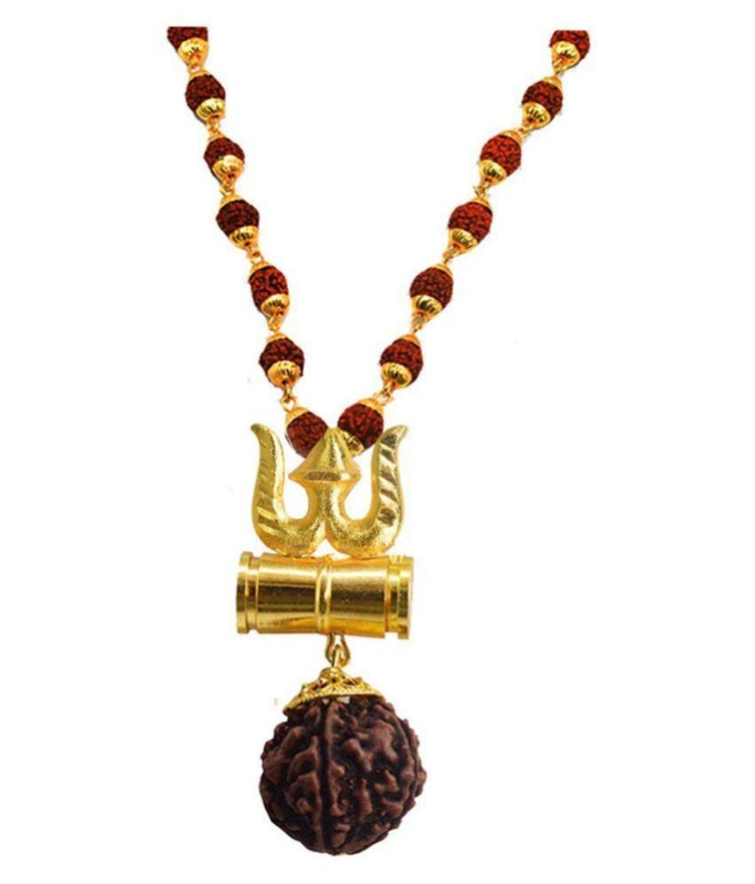     			GEMLOK Nickel and Brown Wood and Brass Kavach Rudraksha Trishula Damru Locket Pendant Necklace for Men and Women