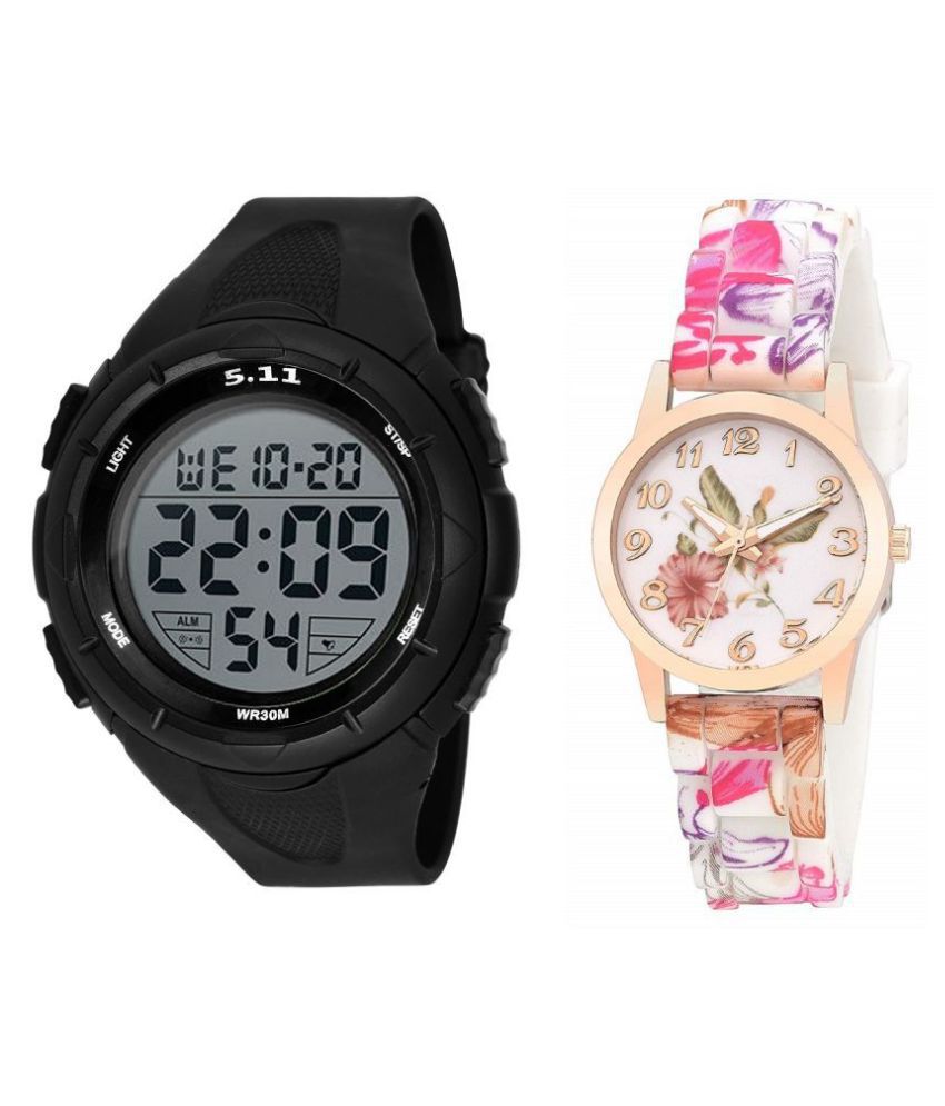     			5.11 black PU Multifunction Men's Watch with silicone strap floral women watch