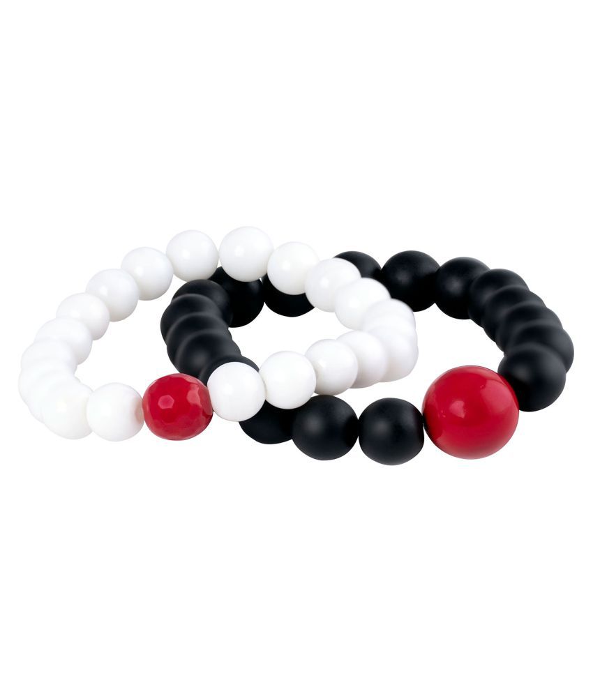     			Matte Black and White Onyx Stone with Red Bead Handmade Stretchable Bracelet for Couple