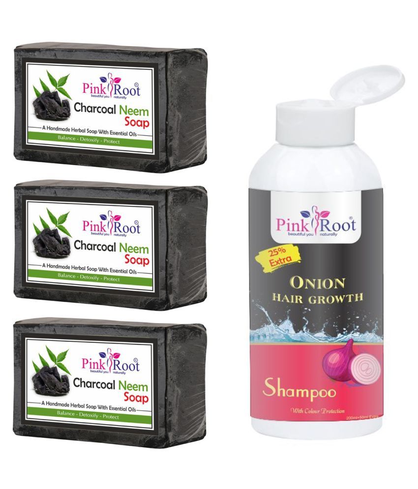 Pink Root Onion Hair Growth Shampoo 200ml with 3 Pcs Charcoal Neem Soap