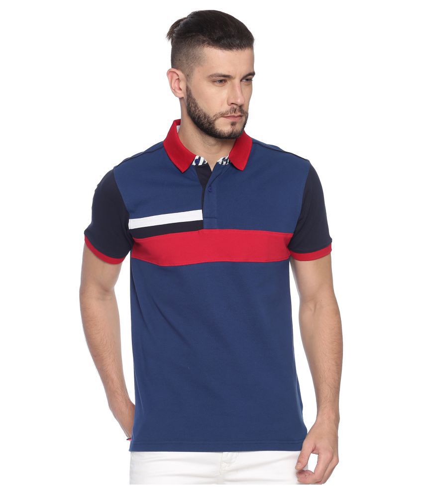     			Y & I Cotton Blend Navy Color Block Polo T Shirt
