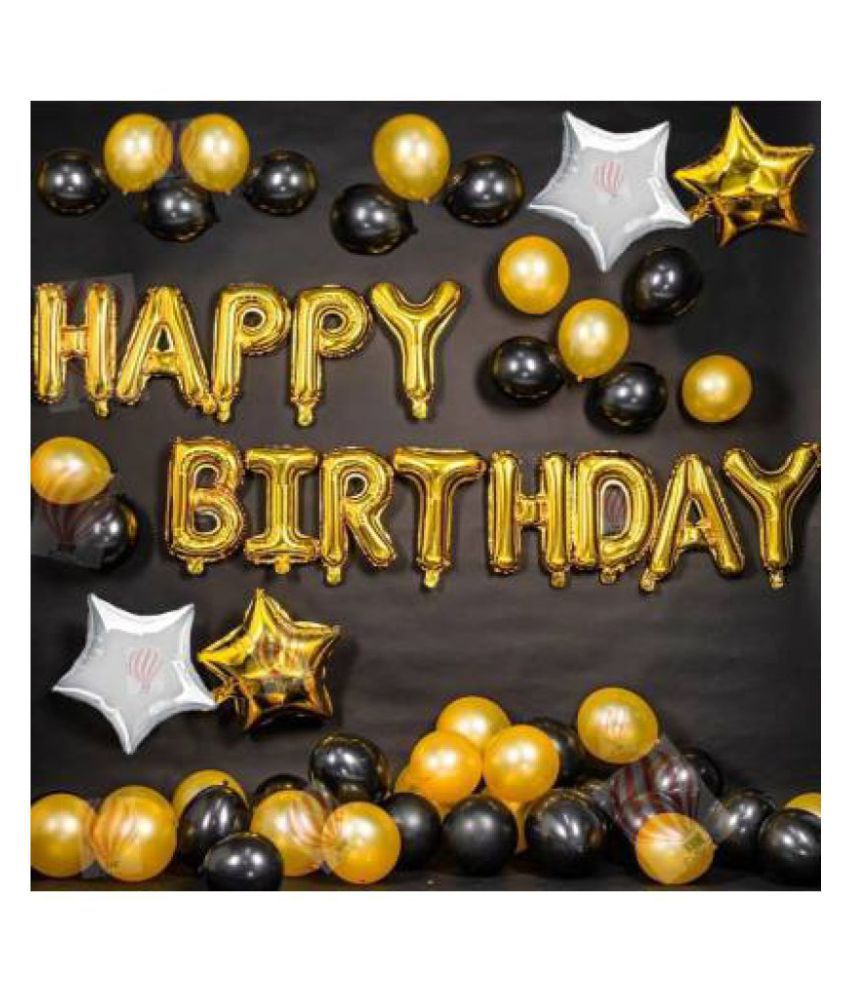     			GNGS Happy Birthday Letters Foil Balloons Set of 13 Pcs (Gold) + Pack of 30 Party Decoration Balloons (Gold & Black) + 2 Golden Stars + 2 Silver Stars