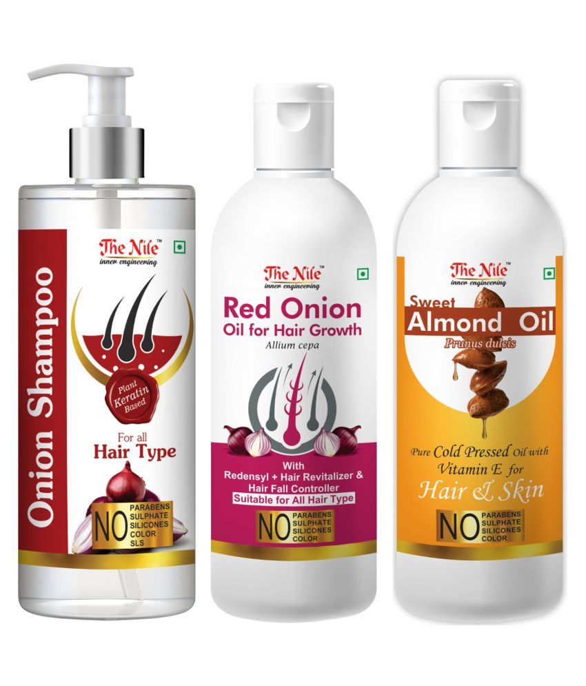     			The Nile Red Onion Shampoo 200 ML + Red Onion Oil 100 ML + Sweet Almond 100 ML  Shampoo 400 mL Pack of 3