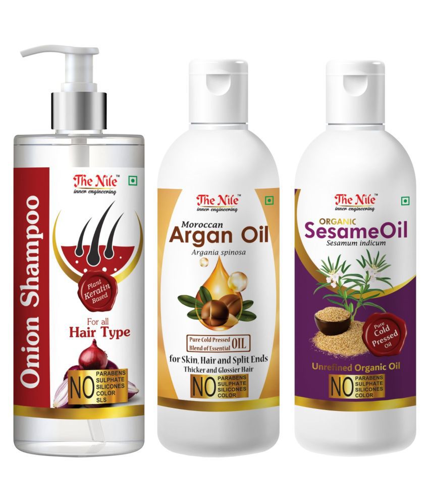     			The Nile Red Onion Shampoo 200 ML + Argan Oil 100 ML + Sesame Oil 100 ML  Shampoo 400 mL Pack of 3