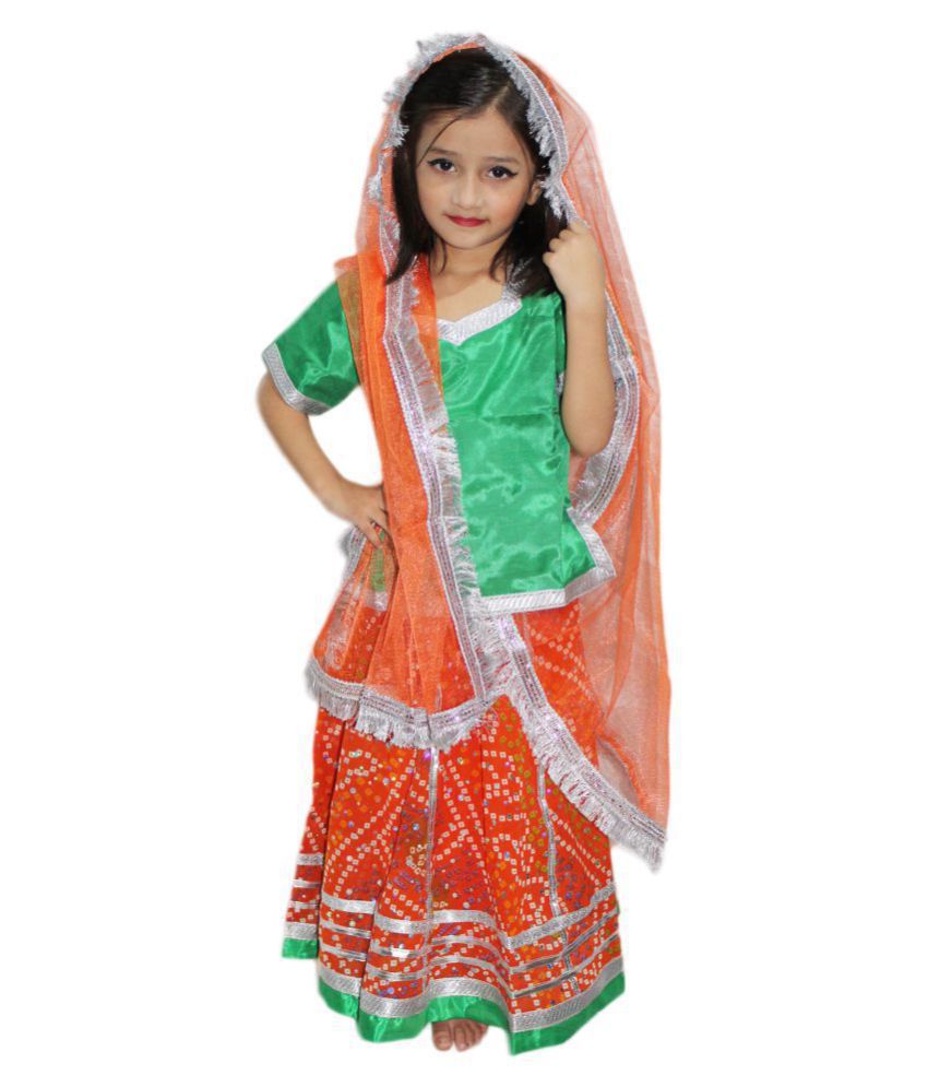     			Kaku Fancy Dresses Indian State Rajasthani Folk Dance Costume for Kids/ Lehenga Choli Costume Set - Orange, 3-4 Years, For Girls