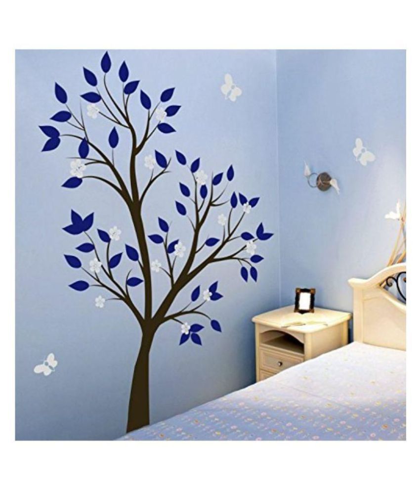     			Print Mantras Tree Blue Leaves Grey Flowers wall stickers Nature Sticker ( 140 x 140 cms )