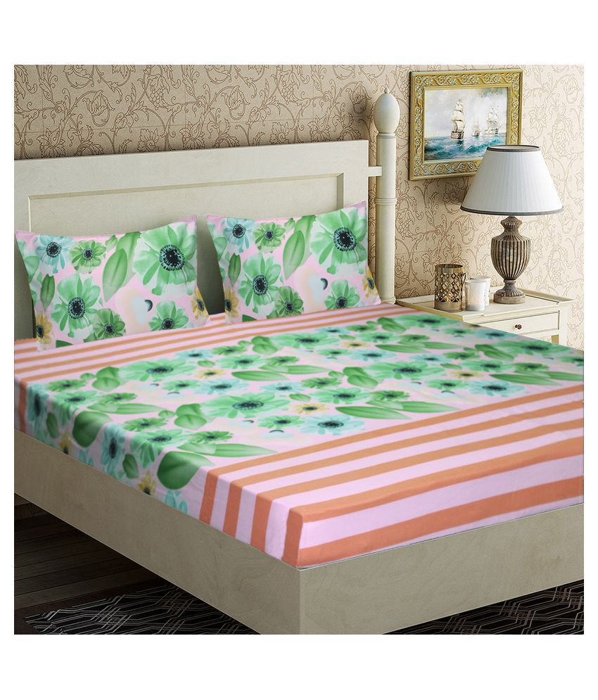     			Home Candy Microfiber Floral Double Bedsheet with 2 Pillow Covers- Green