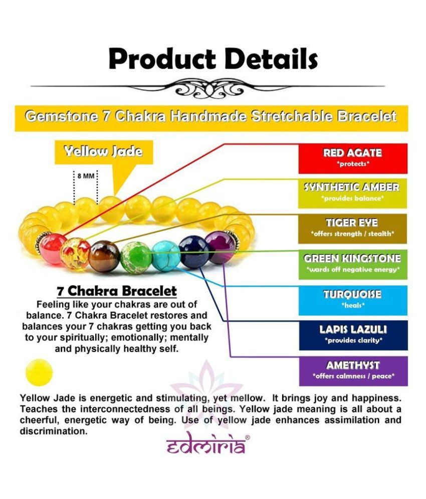 Edmiria Yellow Jade 7 Chakra 8mm Beads Stones Stretchable Braceletet