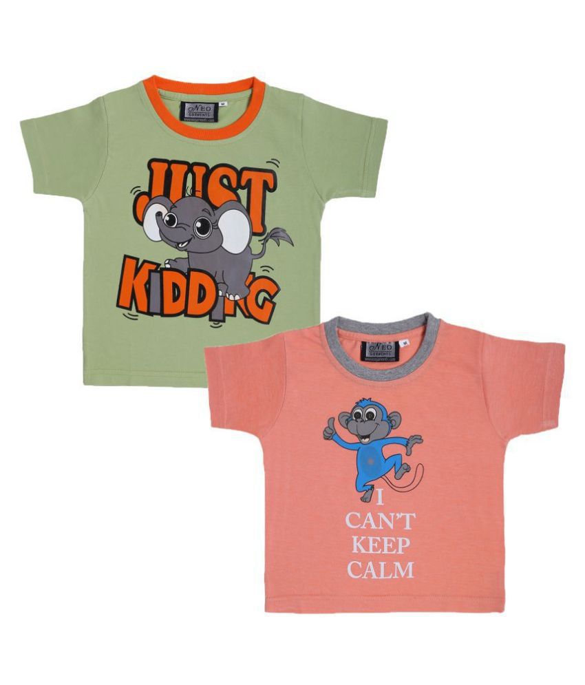 NEO GARMENTS Kid's Boys & Girls Cotton T-shirt Combo|JUST KIDDING (PARROT GREEN) & I CAN’T KEEP CALM (PEACH ORANGE)|PACK OF 2 - (1 Years to 7 Years)|