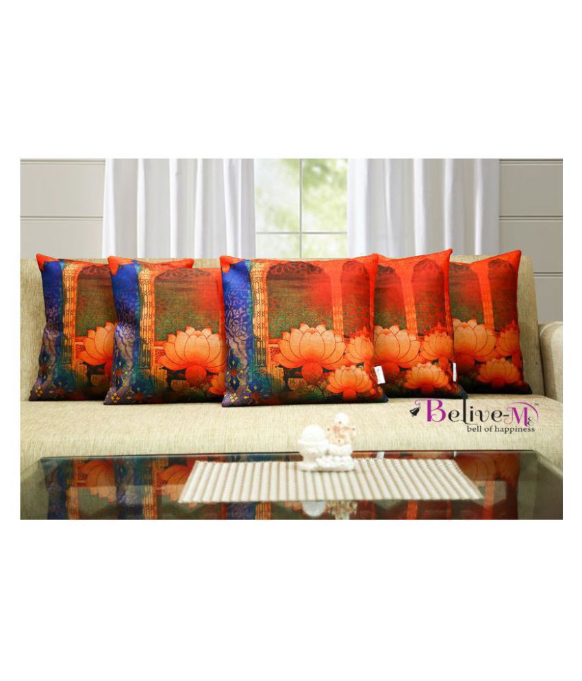     			Belive-Me Set of 5 Jute Print Cushion Covers Lotus Floral Themed 40X40 cm (16X16 inch)