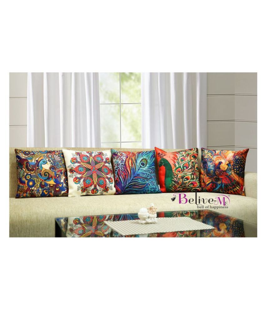     			Belive-Me Set of 5 Jute Print Multicolor Cushion Covers Peacock Ethnic Themed 40X40 cm (16X16 inch)
