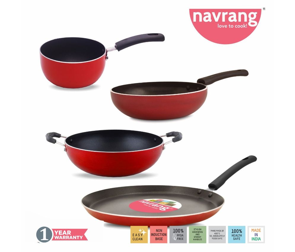     			Navrang Nonstick 4pc Cookware Set ,Tawa 26cm + Kadai 20cm + Fry Pan 20cm + Sauce Pan 16.5cm, Red 
