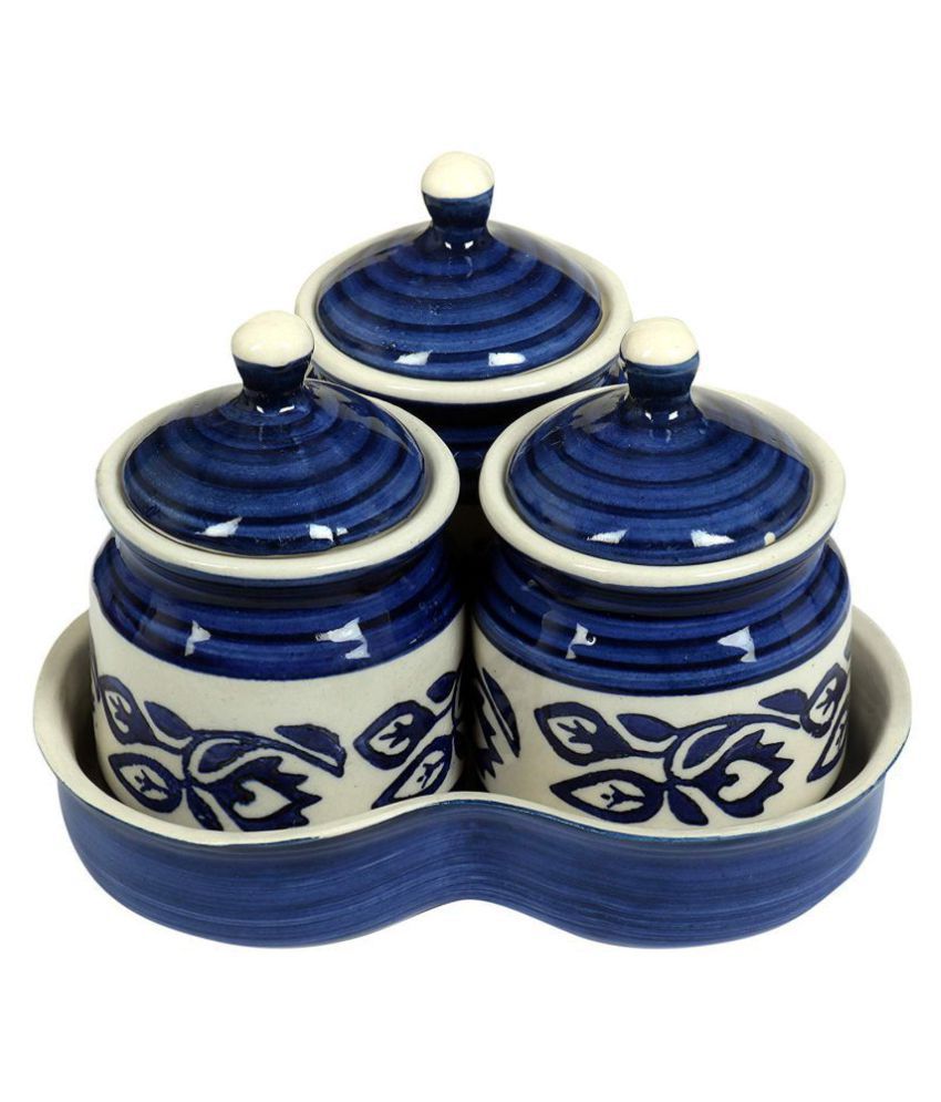 RAJ ROYAL Blue Paintaed Ceramic Storage Jar and Tray for Pickle Set of 3