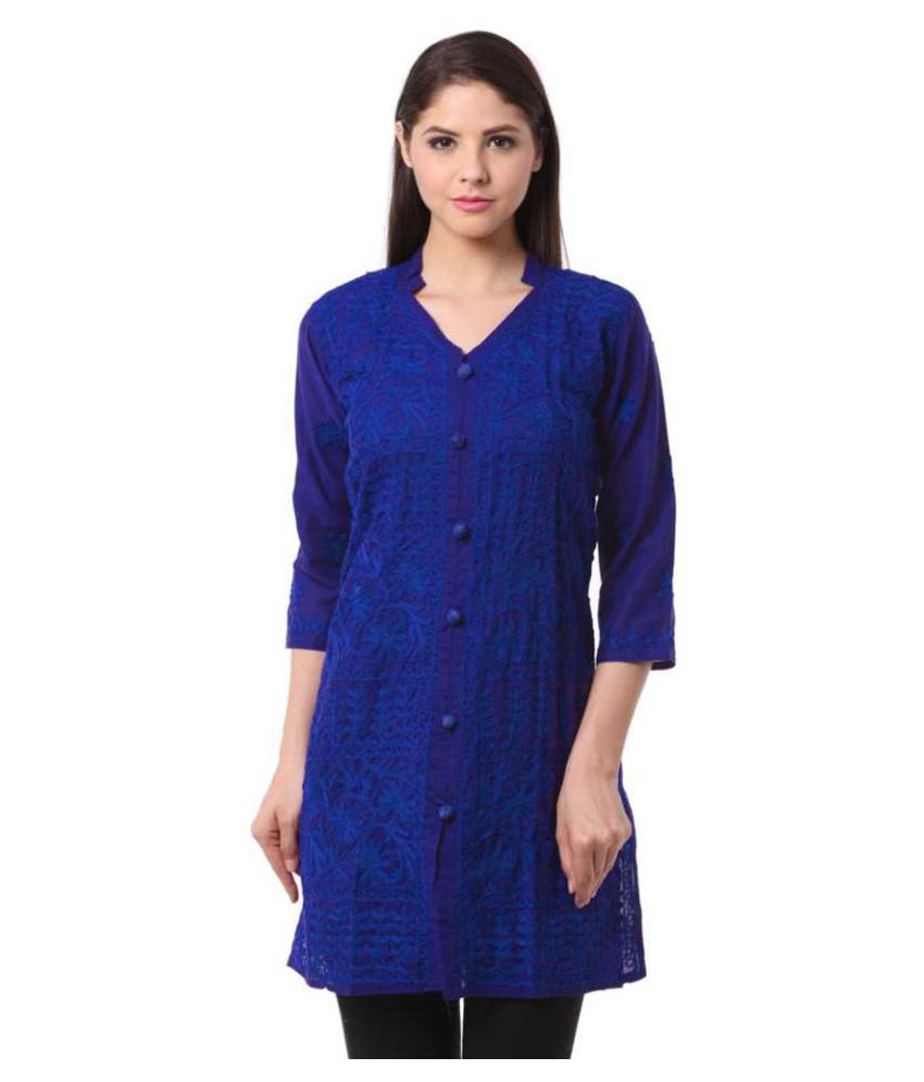 Lucknowi chikankari Kurti Blue Cotton Aline Kurti Buy Lucknowi chikankari Kurti Blue Cotton A