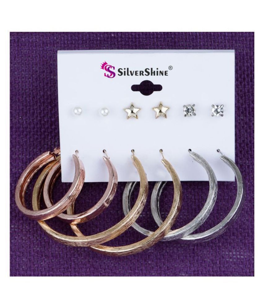     			Silver Shine Stylish Fashion Earring Combo 3 Bali With 3 Studs Set  For Women Girls