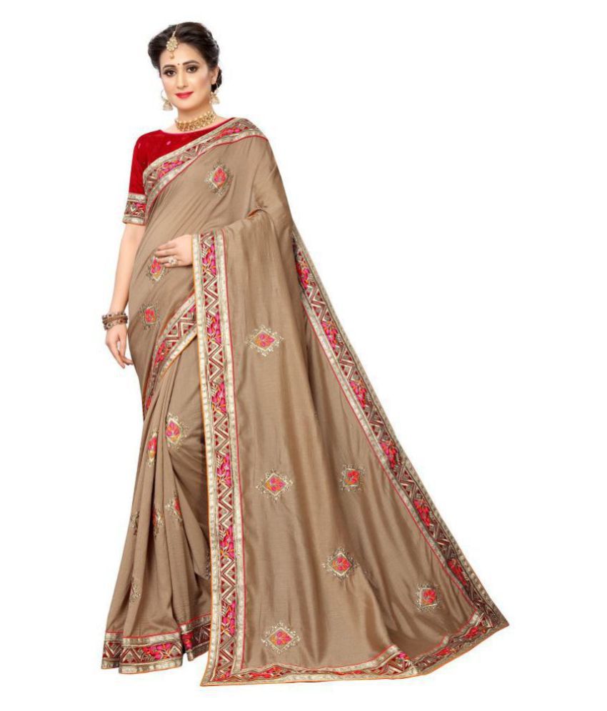 offline selection - Beige Silk Blend Saree With Blouse Piece (Pack of 1)