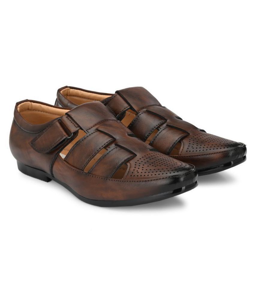 bucik men brown synthetic slip on leather sandals