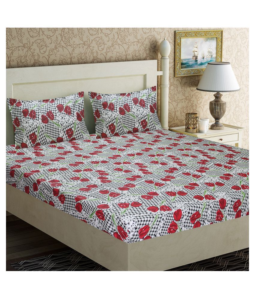     			HOMETALES Cotton Floral Double Bedsheet with Two Pillow Covers -Red