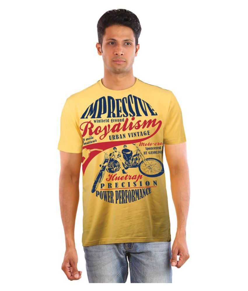     			Huetrap Cotton Yellow Printed T-Shirt