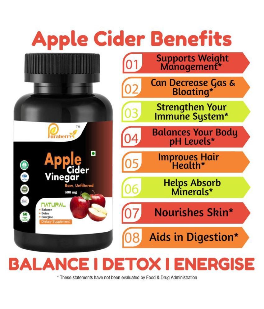 Puraberry Apple Cider Vinegar Extract 60 Veg Natural Detox 800 mg Fat