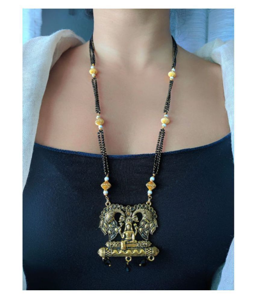     			Jewellery Women's Pride Oxidized Laxmi Golden Alloy Mangalsutra with Earrings 29-Inches Length Chain Traditional Gold Plated Black Beaded Double Layer Long Mangalsutra Set for Girls