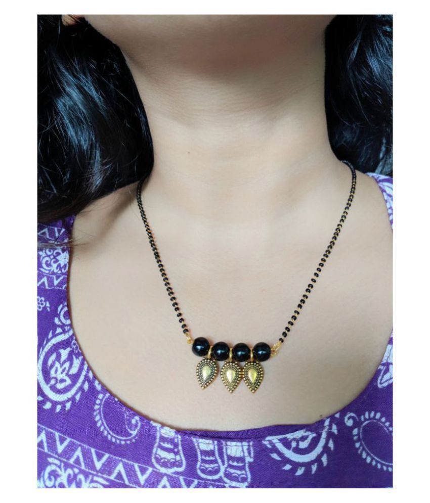     			Women's  Traditional Gold Plated Mangalsutra 18-Inches Length Golden Antique Leaf design with Black Moti Pearl Banu Pendant Beads Single Line Layer Mangalsutra Western Stylish Jewellery