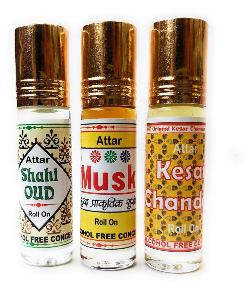     			INDRA SUGANDH BHANDAR Attar SHAHI OUD, MUSK & KESAR CHANDAN 6ml Rollon 3 Pc. Combo Pack