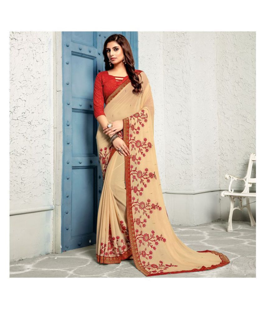     			Aarrah Beige Chiffon Saree