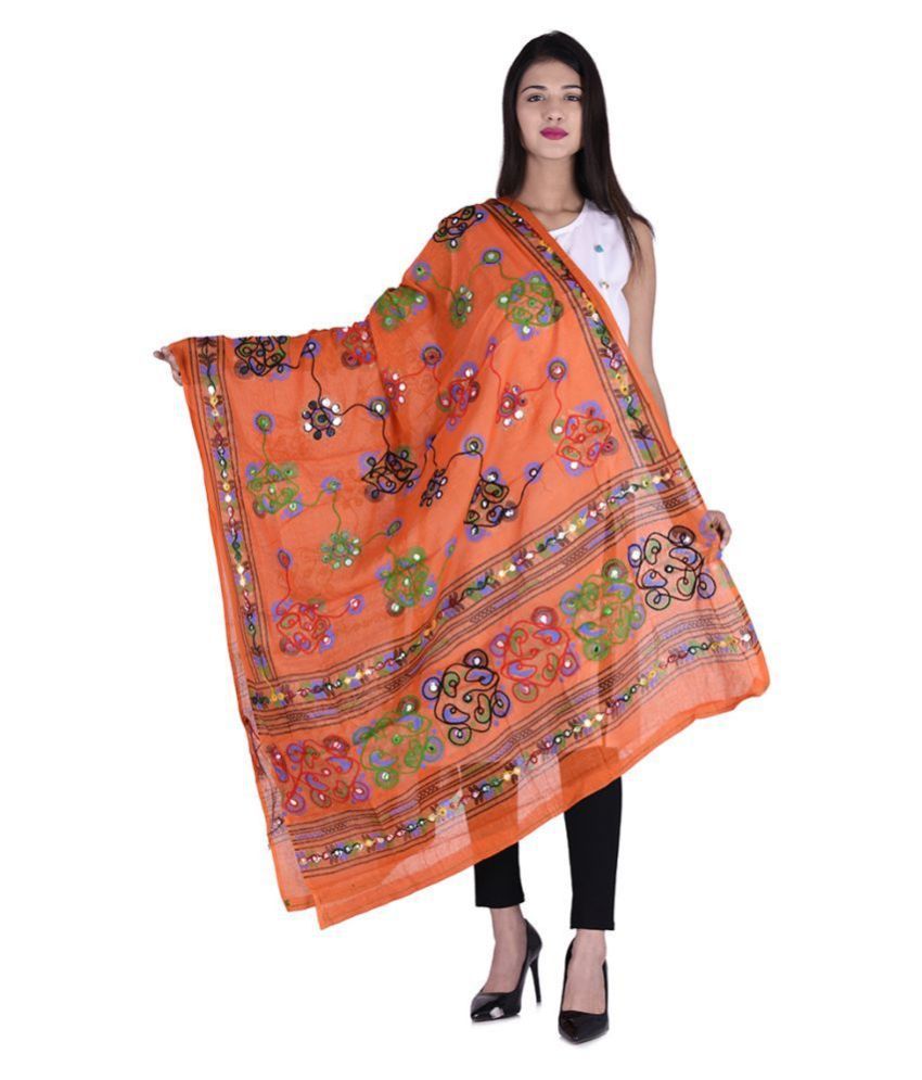     			Raj Orange Cotton Kutch Embroidered Dupatta