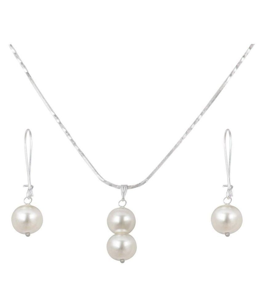     			Classic Silver Plated Designer Pearl Pendant Set with Drop Earrings for Women & Girls