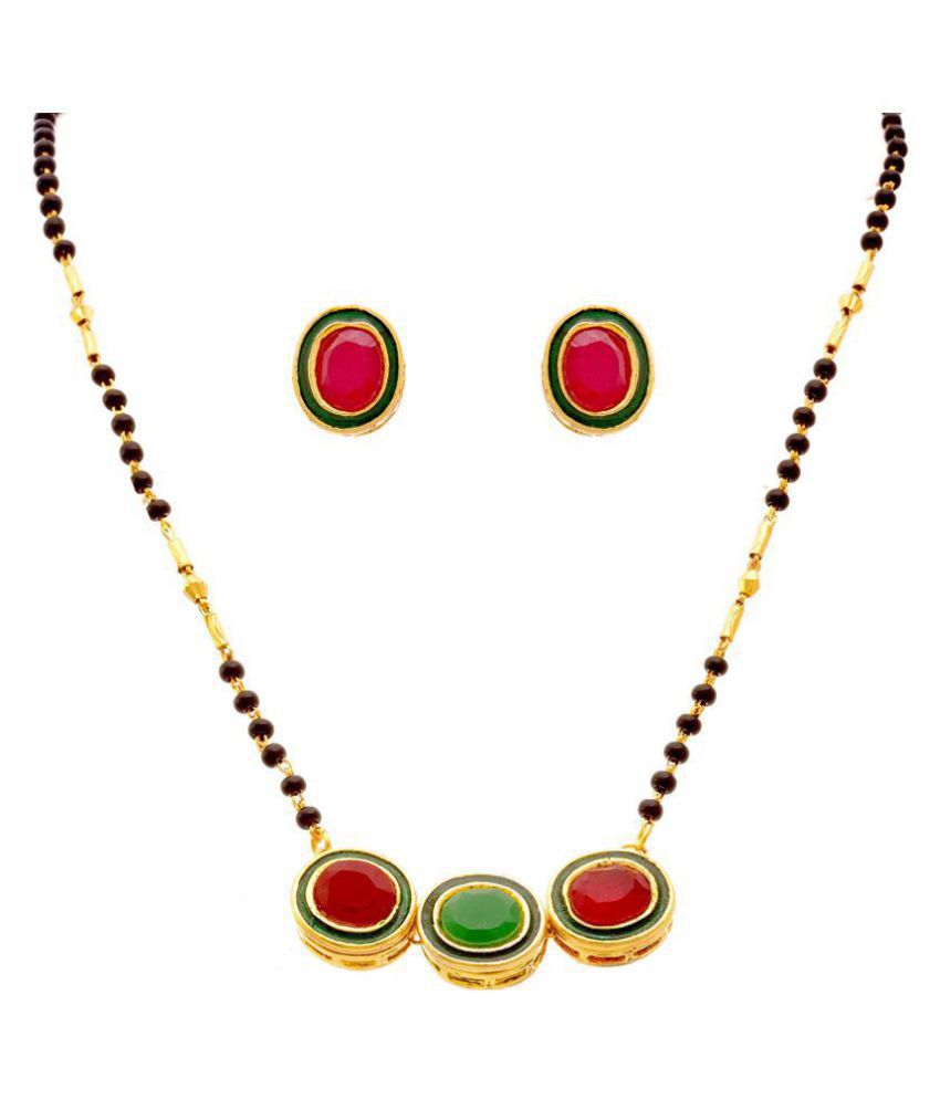     			Fusion Ethnic One Gram Gold Plated Cz American Diamond Red & Green Designer Mangalsutra with Black Beaded Chain and Earrings for Women