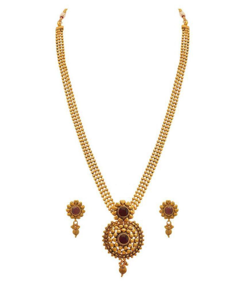     			JFL - Jewellery For Less Copper Maroon Long Haram Traditional 22kt Gold Plated Necklace set Combo