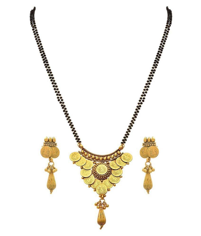     			Traditional Ethnic Temple Goddess Laxmi One Gram Gold Plated Coin Mangalsutra with Black Beaded Double Chain and Earrings for Women