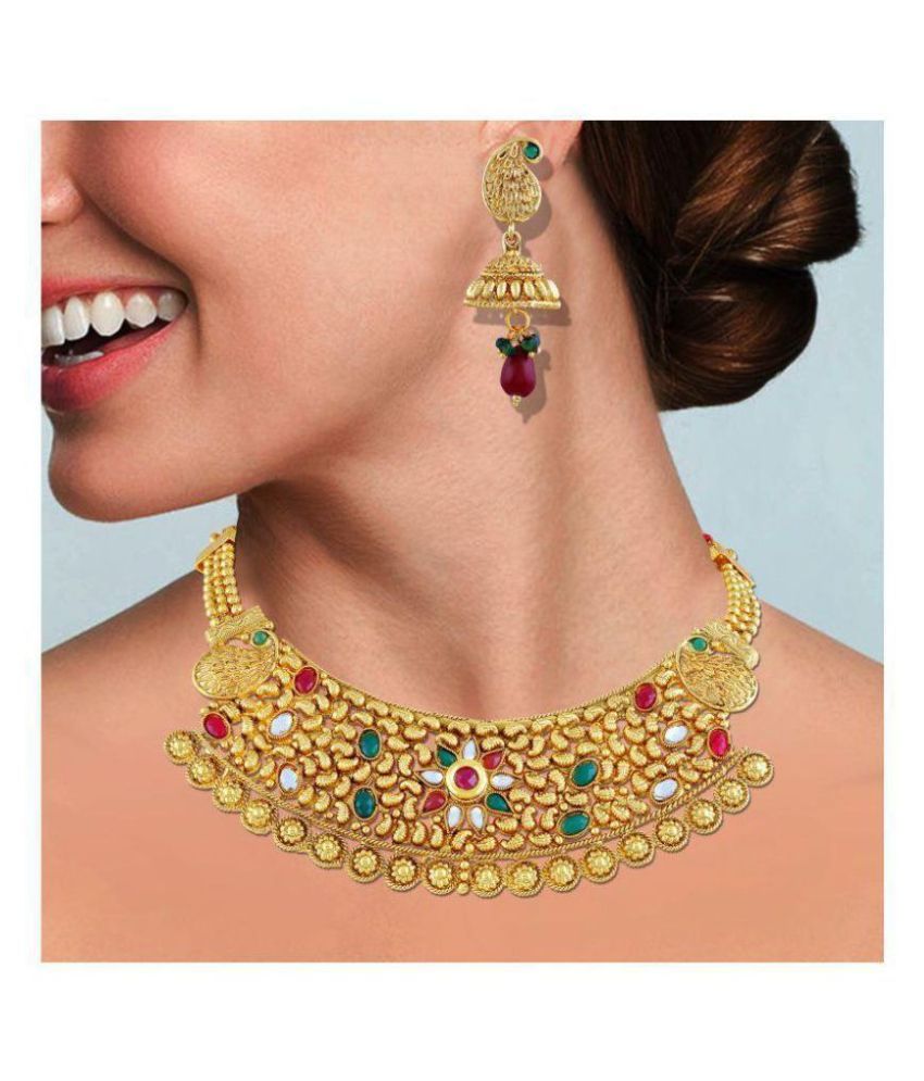     			Asmitta Jewellery Zinc Golden Choker Traditional Gold Plated Necklaces Set