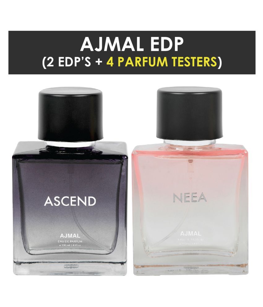     			Ajmal Ascend for Men and Women & Neea for Women EDP Combo pack of 2 each 100ml (Total 200ML) + 4 Parfum Testers