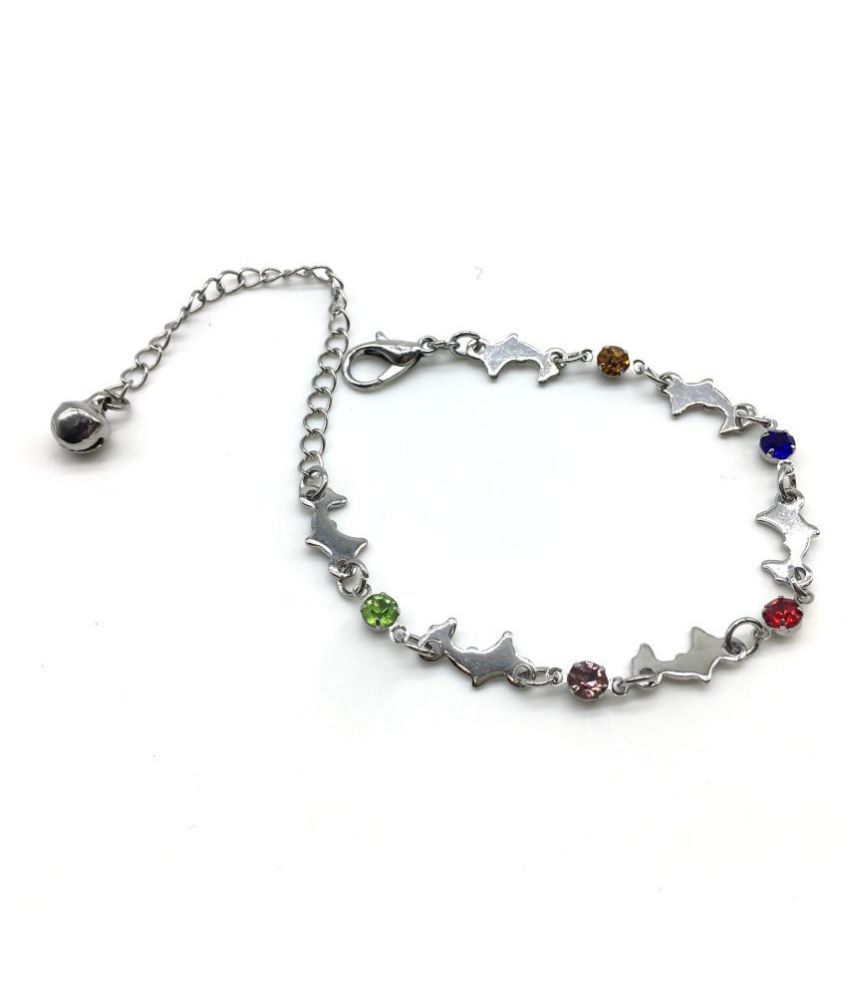 Digital Dress Stylish Silver Plated Light Weight Bracelet Multicolor Stone Fish Link Chain Adjustable Size Bracelet For Girl & Women Costume Fashion Artifical Imitation Jewellery for Valentine Gift