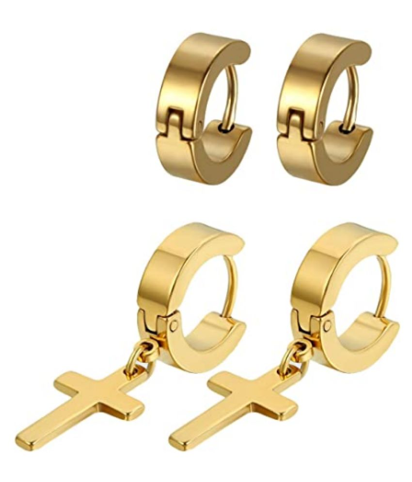     			PS CREATIONS Hoop Earrings, Flongo Mens Women's 4PCS Stainless Steel Cross Dangle Huggie Hinged Hoop Earrings Set for Christmas Wedding Valentine New Year Gift(Golden)