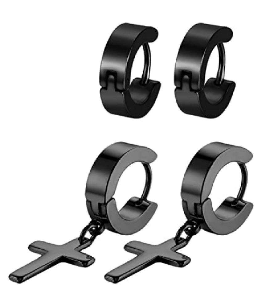     			PS CREATIONS Hoop Earrings, Flongo Mens Women's 4PCS Stainless Steel Cross Dangle Huggie Hinged Hoop Earrings Set for Christmas Wedding Valentine New Year Gift(Black)