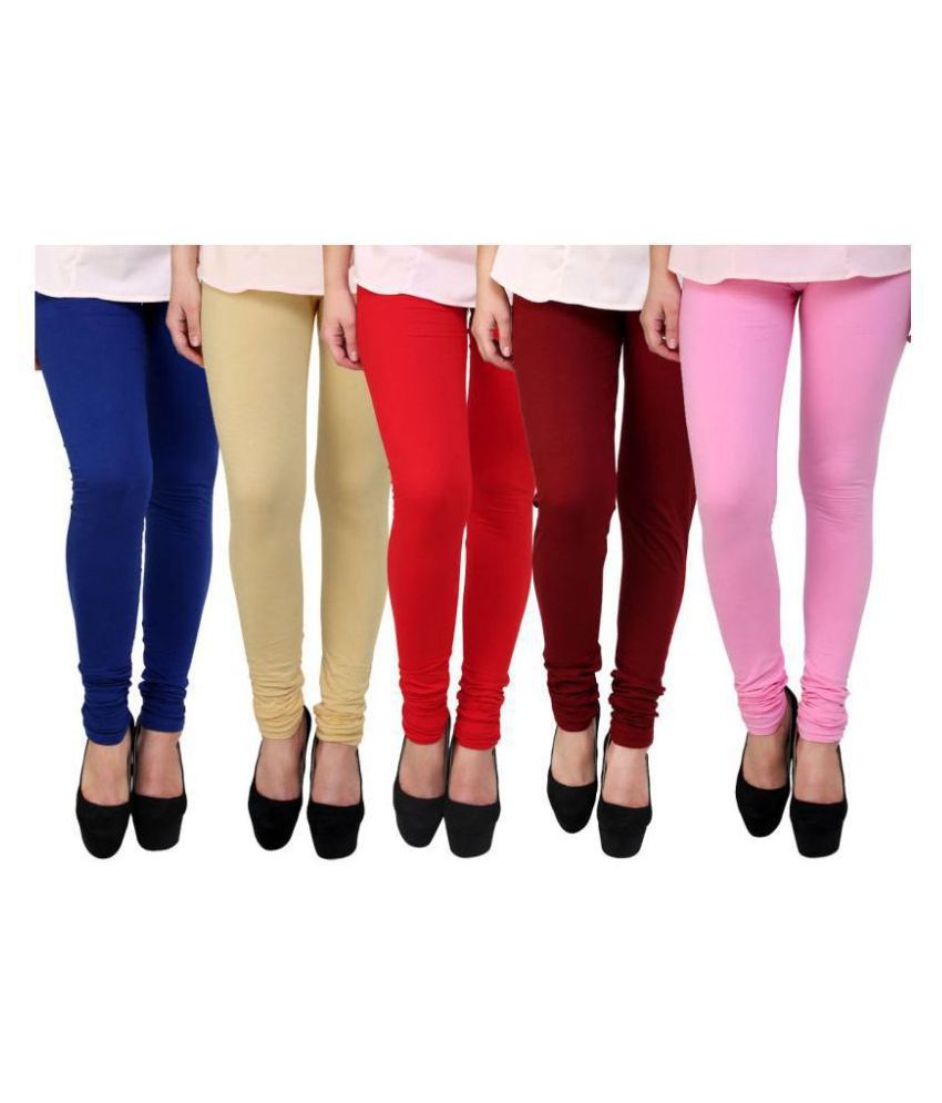     			FnMe Cotton Lycra Blue, Pink, Red, Maroon & Beige Pack of 5 Leggings