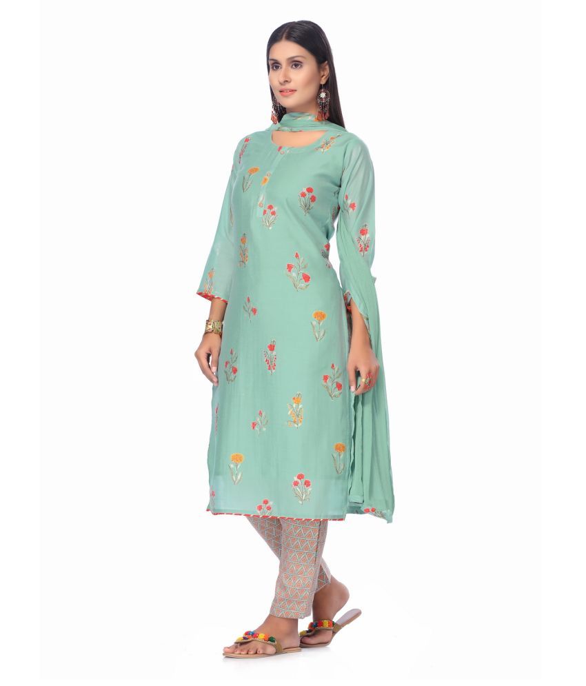 in365 Green Cotton Silk Unstitched Dress Material - Buy in365 Green Cotton Silk Unstitched Dress 