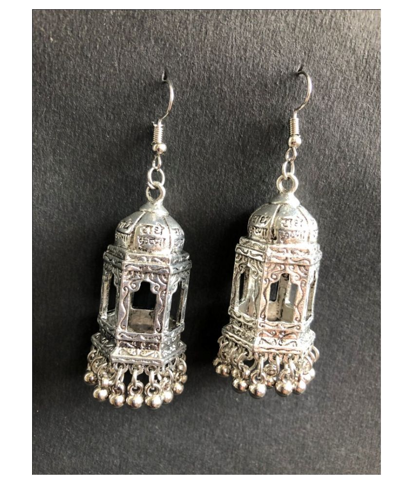 Tarinie Traditional Silver Plated Oxidised Temple Design Jhumki
