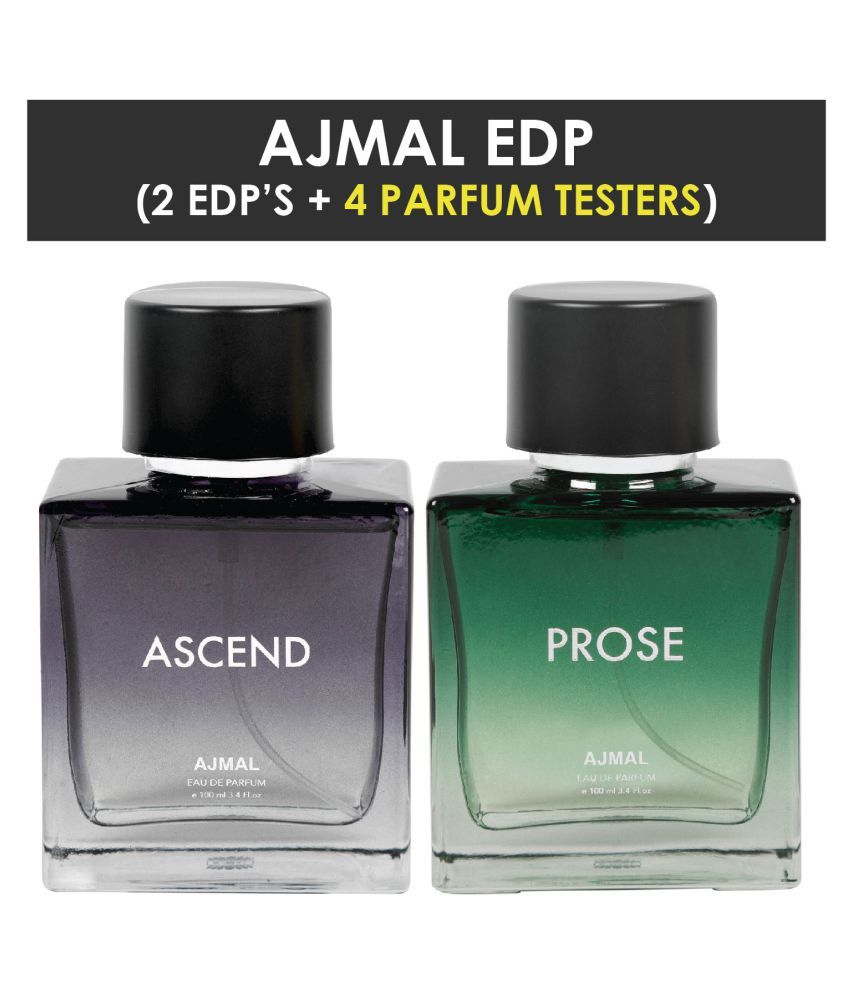     			Ajmal Ascend for Men and Women & Prose for Men EDP Combo pack of 2 each 100ml (Total 200ML) + 4 Parfum Testers