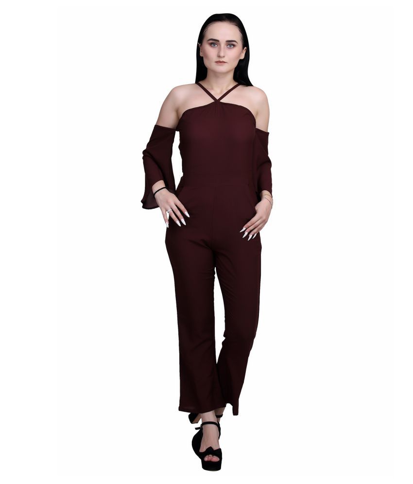 maroon crepe full leg jumpsuit