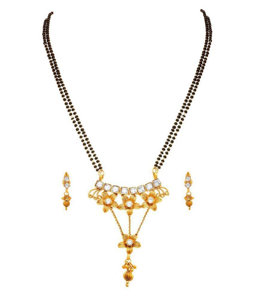     			JFL - Jewellery for Less One Gram Gold Plated Polki Diamond Designer Mangalsutra Set With Black Beaded Chain For Women