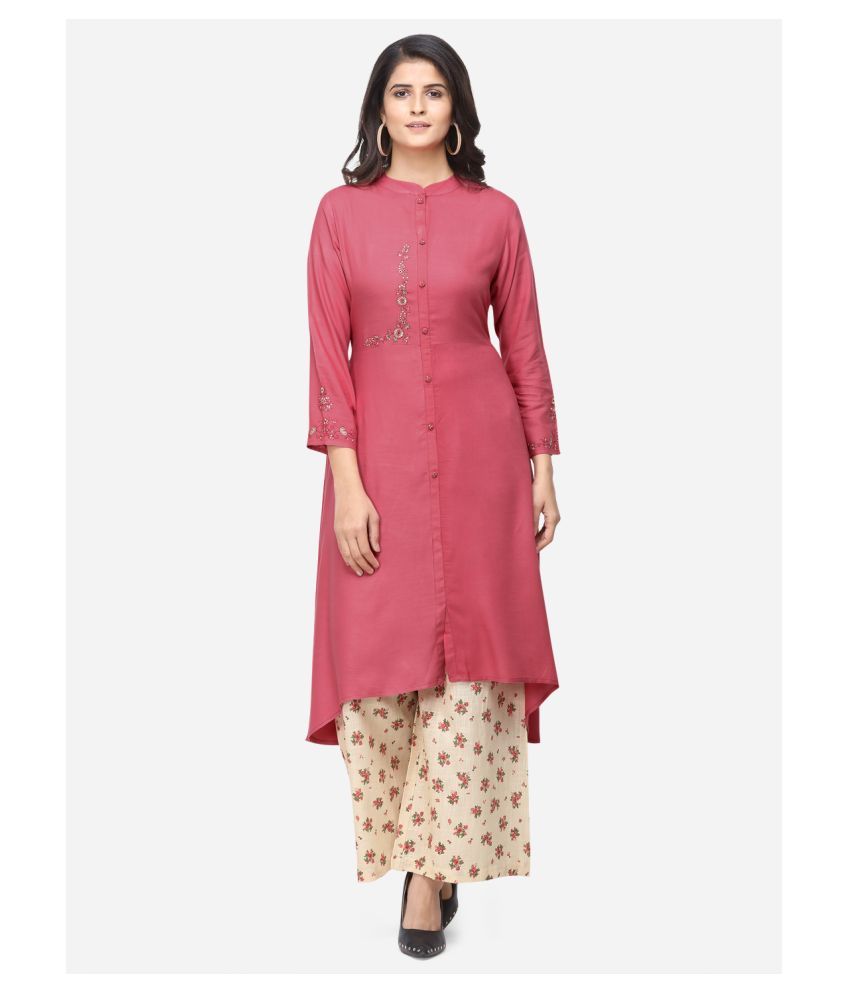 JANSI Pink Cotton Blend A-line Kurti - Buy JANSI Pink Cotton Blend A ...